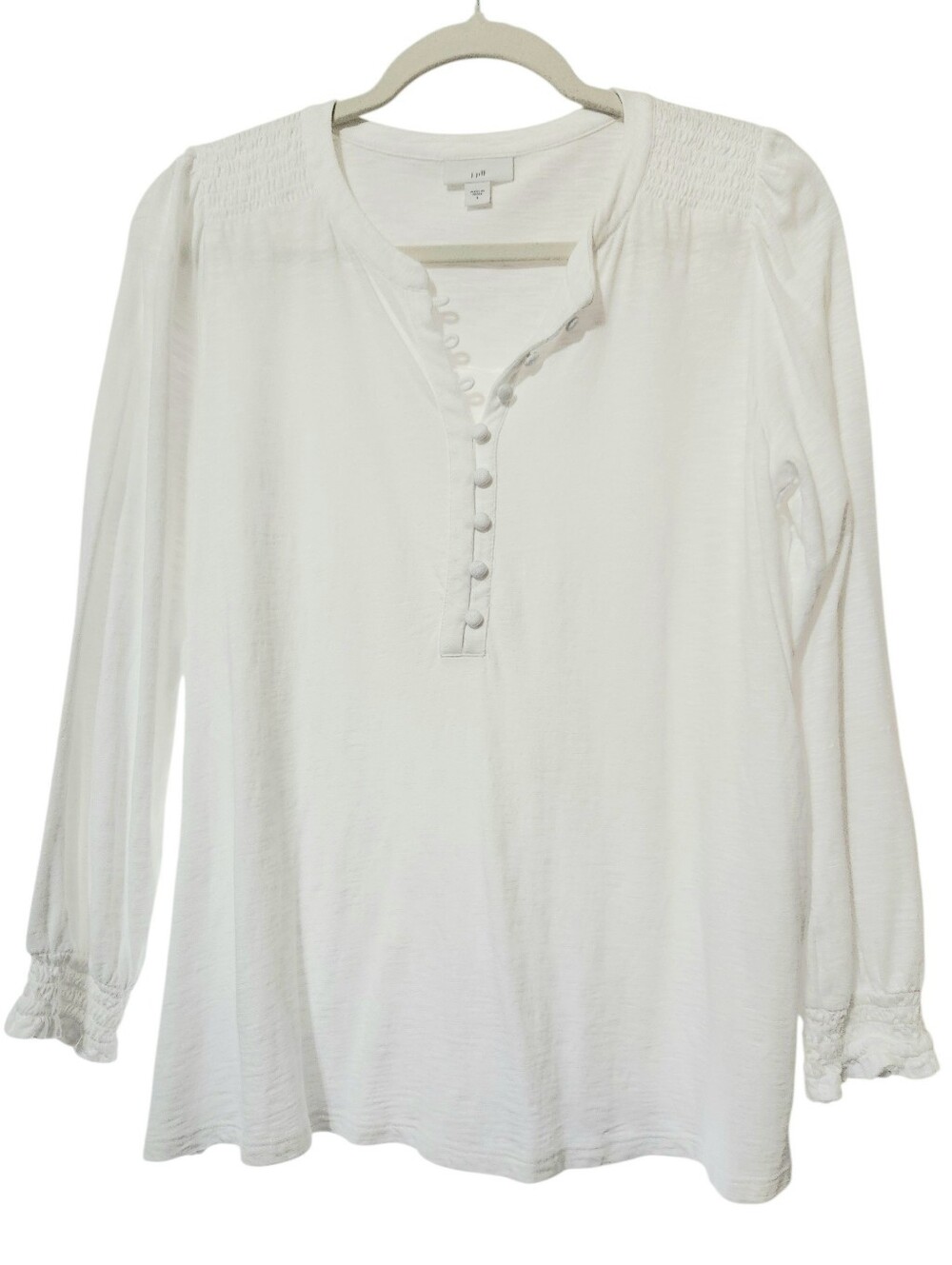 J.JILL Smocked Henley Top Blouse Womens Small White Peasant Boho Cotton Modal